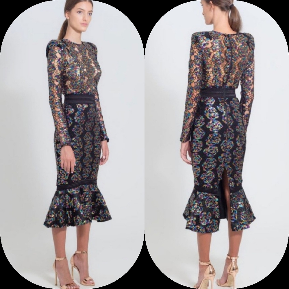 🤑SOLD🤑ZHIVAGO MOKAI NIGHTS SEQUINED LACE CALF-LENGTH DRESS - Picture 3 of 16